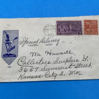 1944 Green Bay WI Special Delivery Patriotic Cover DEB Cachet 6¢ JQ Adams + E15