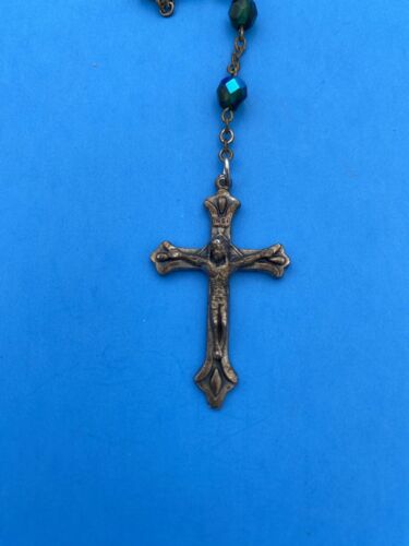 Vintage Peacock Green/Blue AB Faceted Glass Rosary, St Jude, Italy, Christianity - Image 11