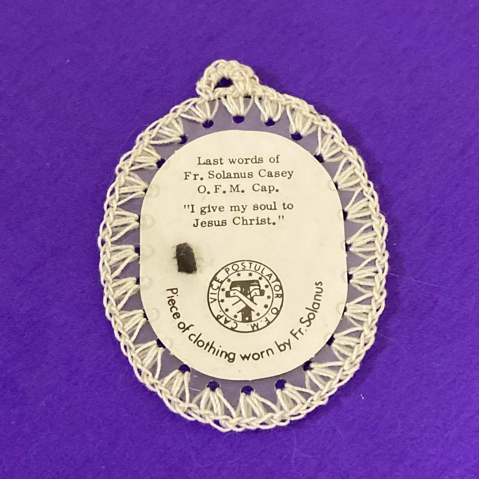 Vintage Fr Solanus Casey 2nd Class Relic Badge Clothing Worn Vice Postulator OFM - Image 2