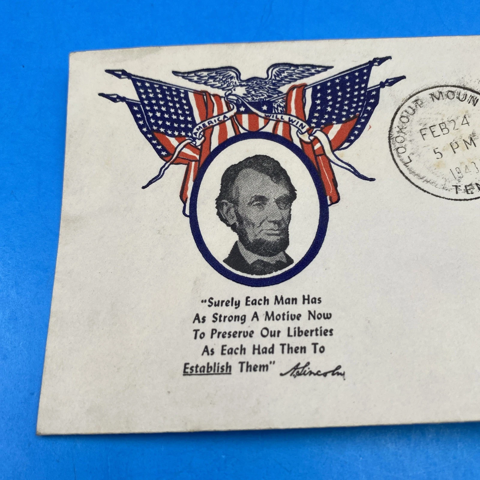 Lincoln Patriotic Cover, Lookout Mountain TN 1941, 6¢ Prexie Pair, Civil War tie - Image 2