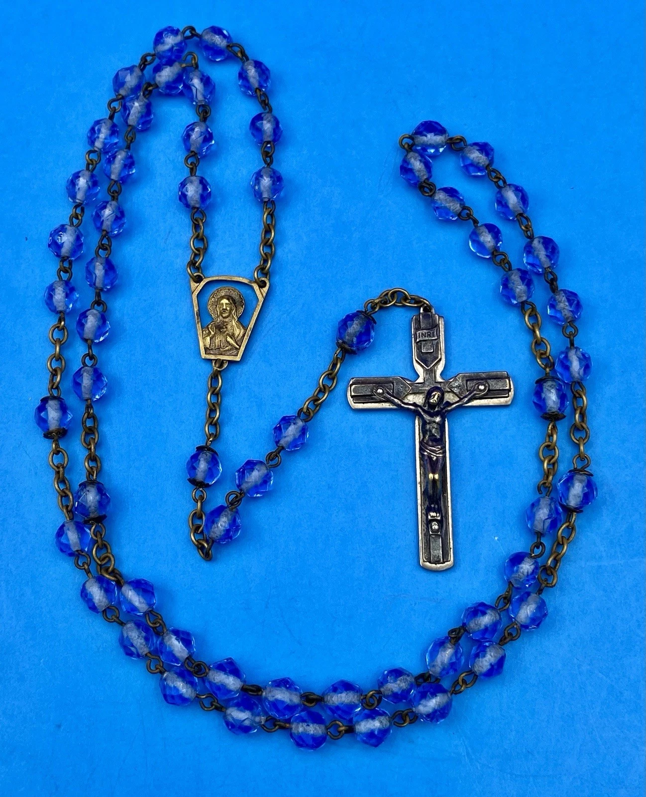 Vintage Beautiful Blue Givre Faceted Glass Rosary, Jesus, Christianity, 20.5” - Image 2