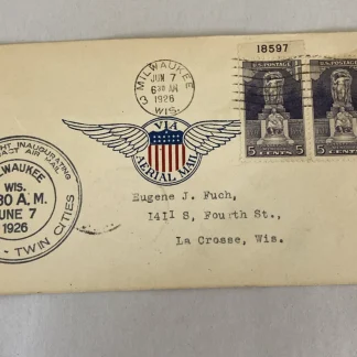 1926 CAM-9 First Flight Cover Milwaukee to La Crosse WI Airmail Inaugural
