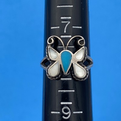 Vintage Sterling Silver Turquoise & Mother of Pearl Butterfly Ring Size 8 - Image 7