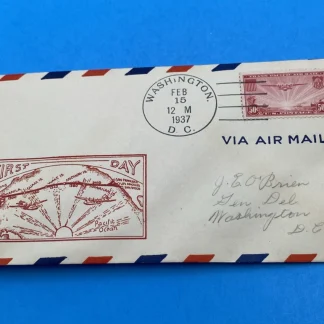 1937 Washington DC FDC 50¢ Trans-Pacific Airmail C22 China Clipper, red cachet