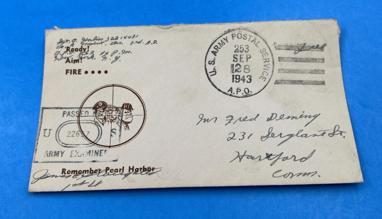 1943 APO 253 Soldier’s Free Mail, Wincanton UK, 'Remember Pearl Harbor' Cachet