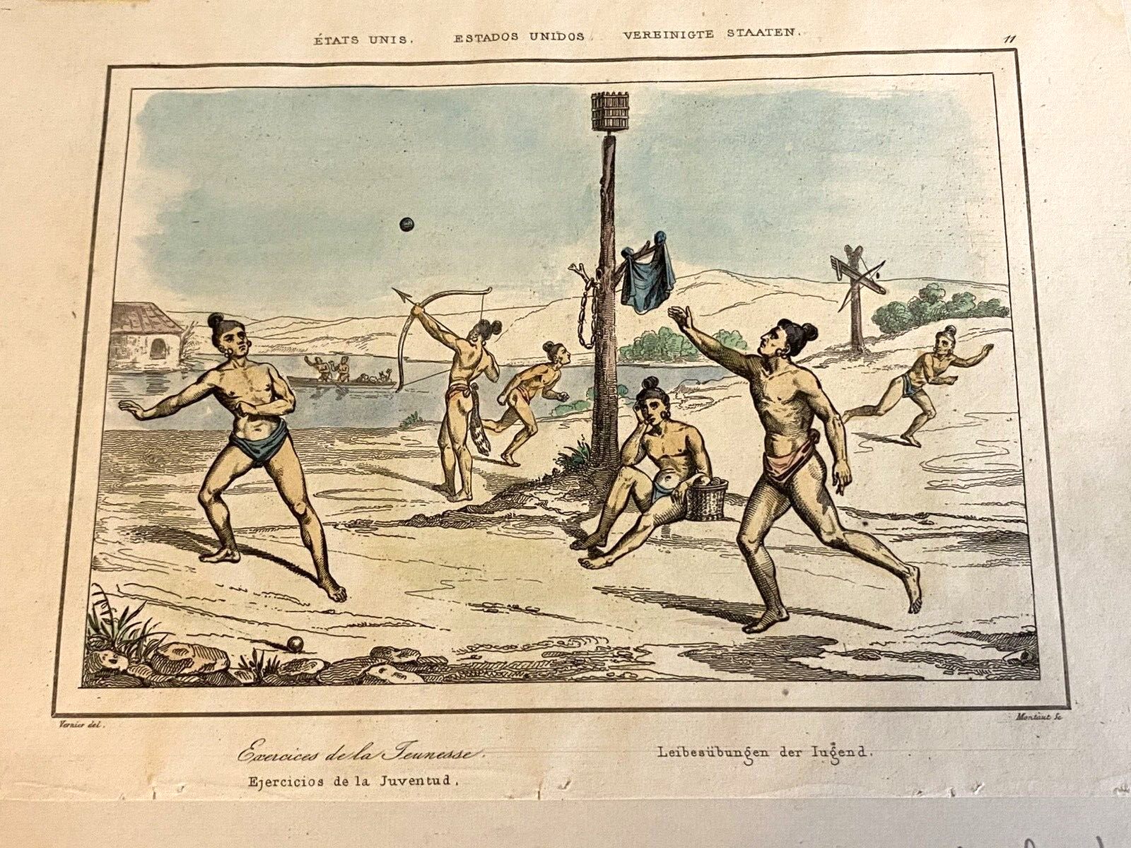 American Indians Training of the Warriors - Exercises - Colored Engraving 1841