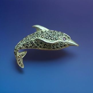 Sterling Silver Marcasite Accented Dolphin Porpoise 925 Pin Brooch Red Eye