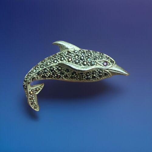 Sterling Silver Marcasite Accented Dolphin Porpoise 925 Pin Brooch Red Eye
