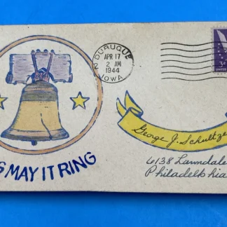 1944 WWII Hand-Painted Liberty Bell Cover Dubuque IA, 3¢ 'Win the War'