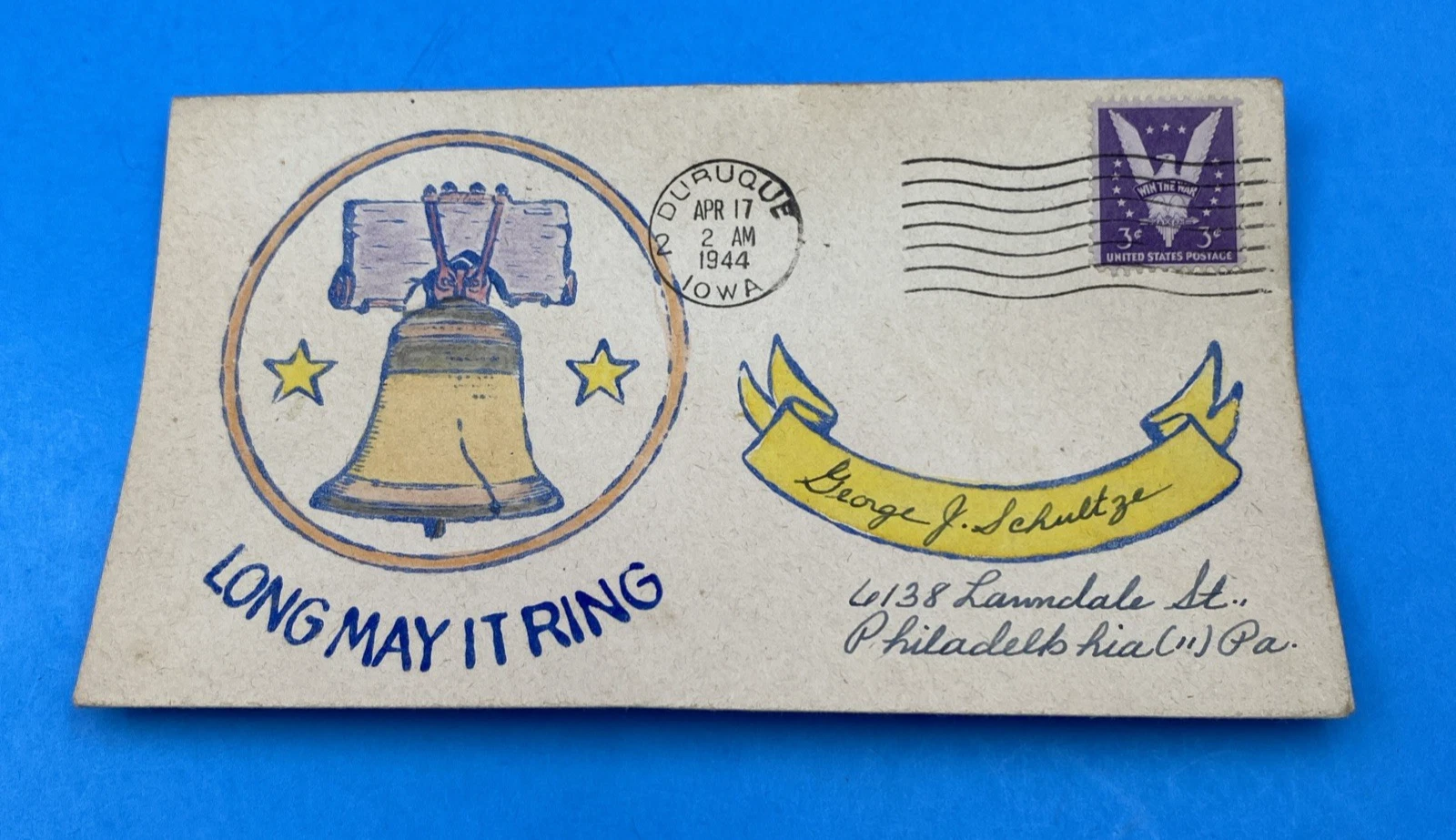 1944 WWII Hand-Painted Liberty Bell Cover Dubuque IA, 3¢ 'Win the War'
