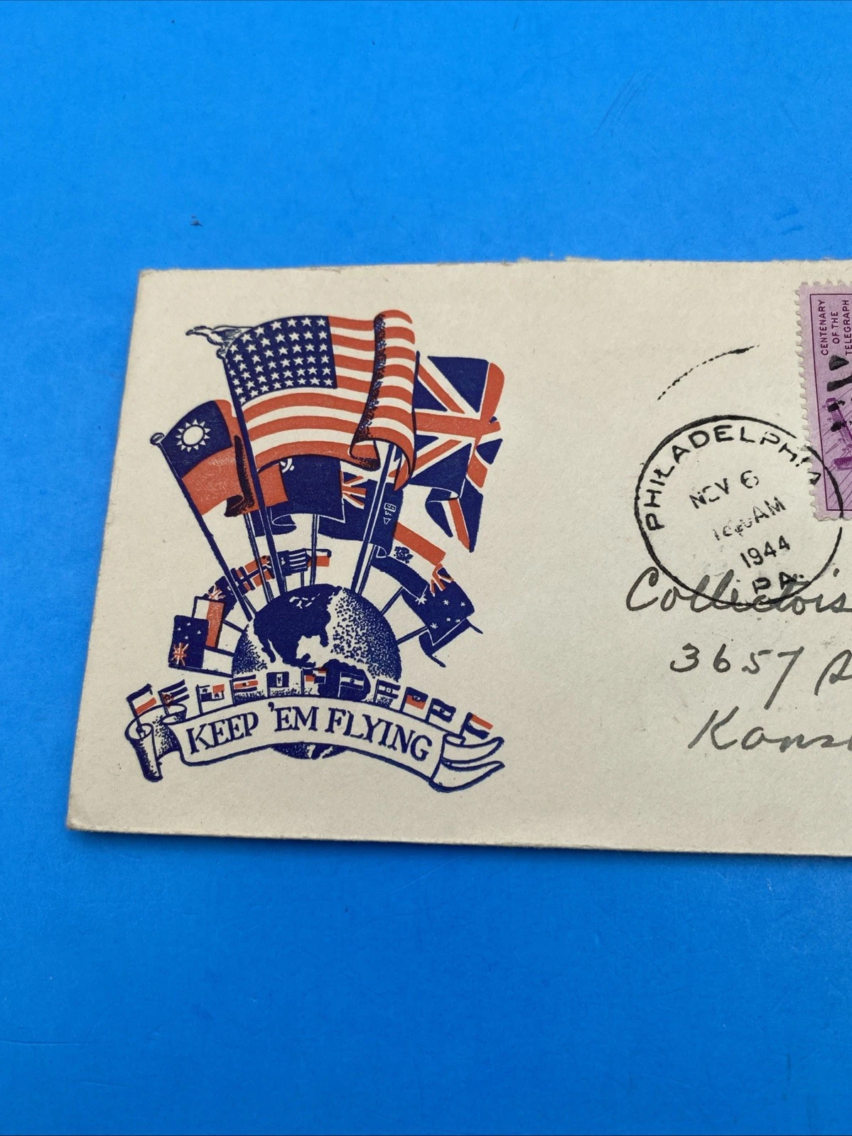 1944 Keep 'Em Flying Patriotic Cover SEPAD 1944 label Wolf Phila to KC 2x 3c - Image 2