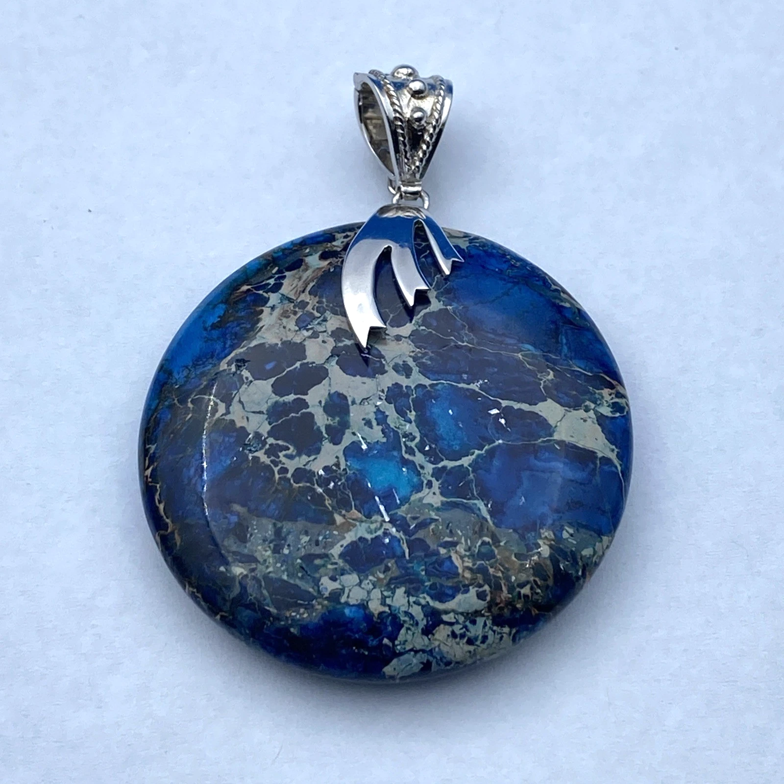 Vintage Lucas Lameth Sterling 925 Large Blue Jasper Pendant 28.8g Signed
