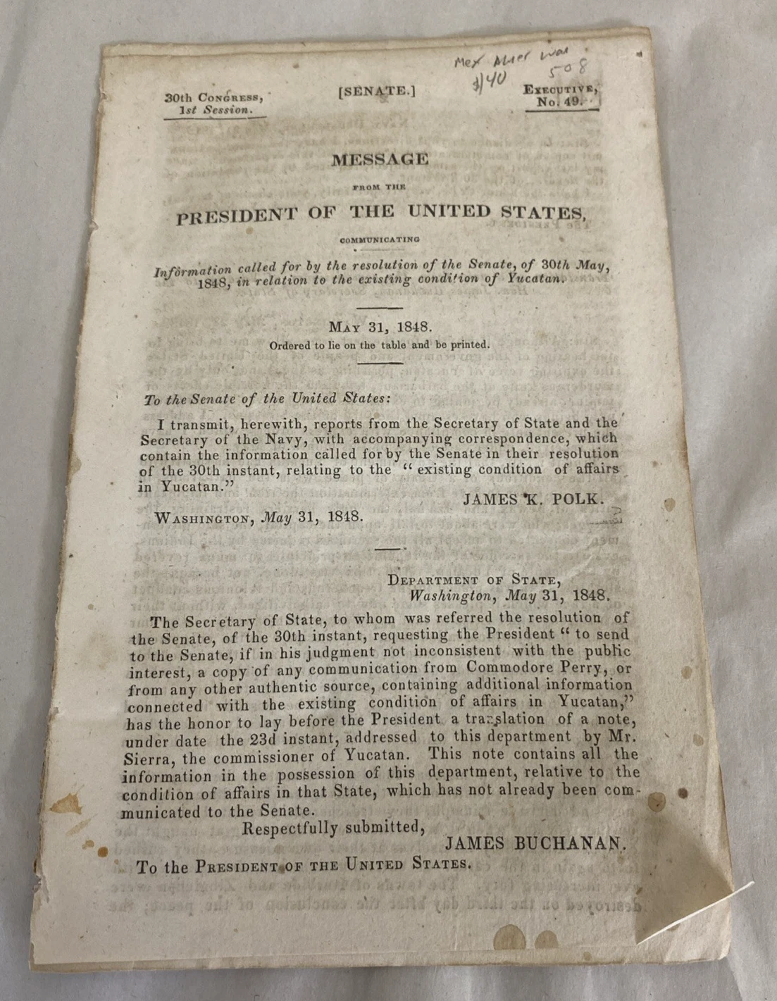 1848 Senate Doc Yucatan James K Polk Message 10pp Caste War Pamphlet
