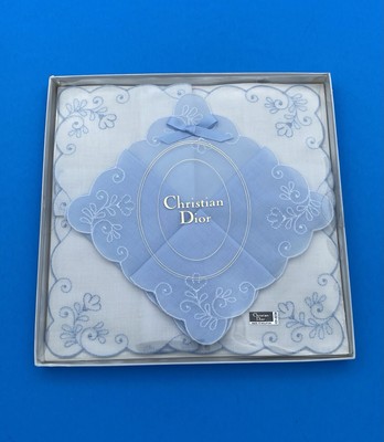 Vintage Christian Dior Handkerchief Set, Blue, White, floral embroidery, Wedding - Image 2