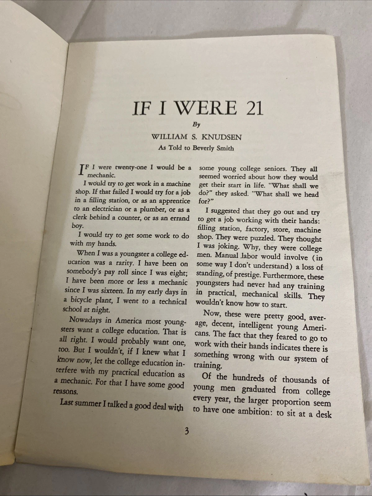 1939 If I Were 21 William S Knudsen GM American Magazine Offprint Pamphlet - Image 3