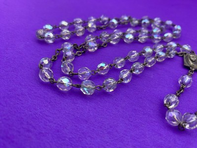 Vtg Aurora Borealis Crystal Faceted Glass Rosary ITALY, Virgin Mary Christianity - Image 7
