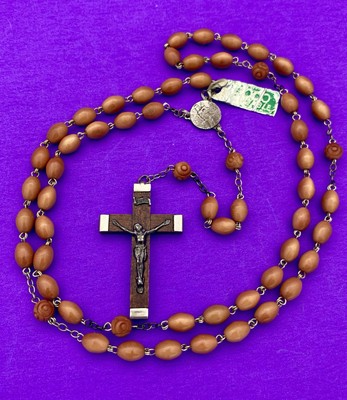 Vintage Wood Coco Veritable Rosary, FRANCE, Virgin Mary & Child Christianity 20"