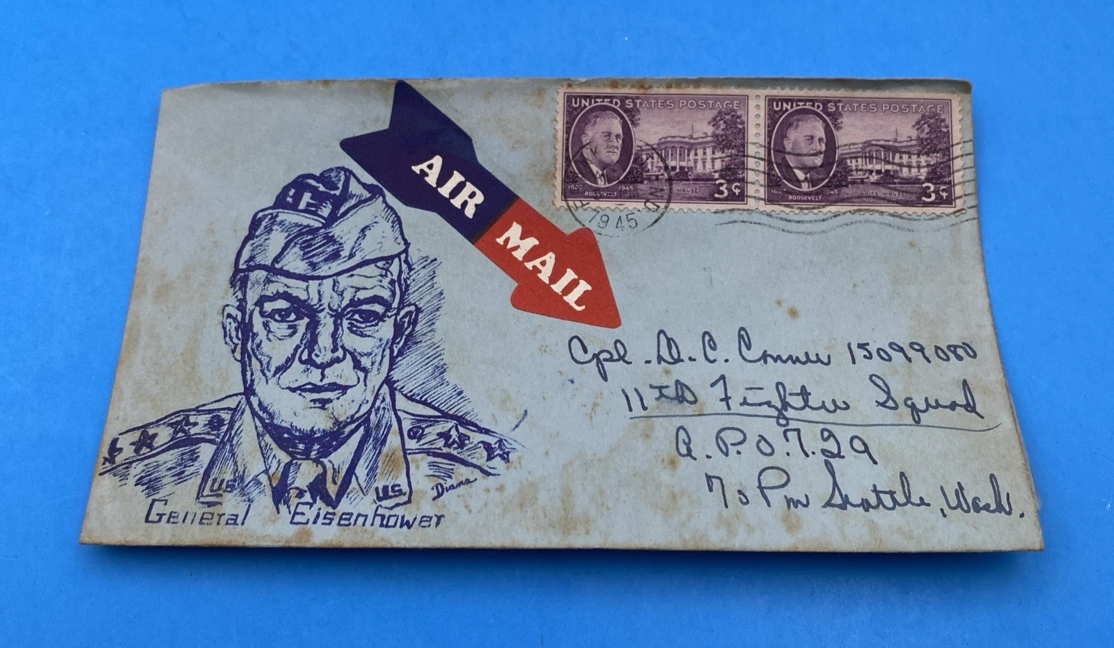 WWII Patriotic Eisenhower Cachet by Diana (Huss) w/ 3¢ FDR Pair to APO 729