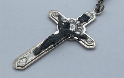 Vtg Black Acrylic Unbreakable Chain Cherub Crucifix Rosary Italy Christianity - Image 8