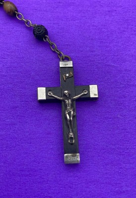 Antique Vintage Ebony Wood Bead Rosary, Virgin Mary, Jesus, FRANCE, Christianity - Image 12