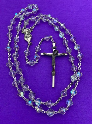 Vtg Aurora Borealis Crystal Faceted Glass Rosary ITALY, Virgin Mary Christianity - Image 3