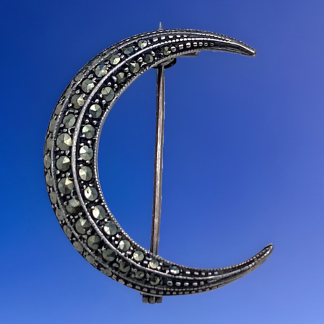 Vintage Sterling Silver And Marcasite Crescent Moon Pin