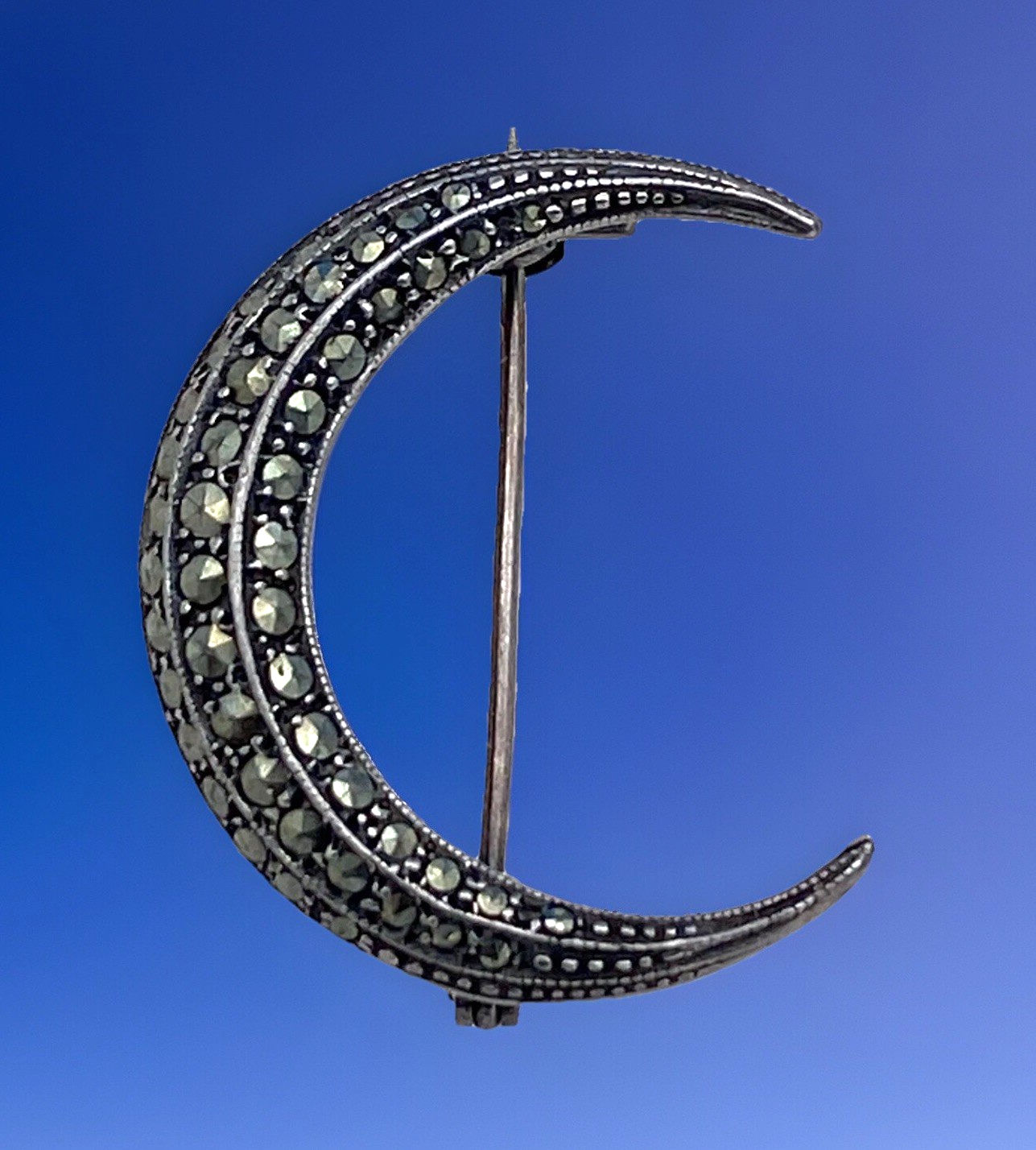 Vintage Sterling Silver And Marcasite Crescent Moon Pin