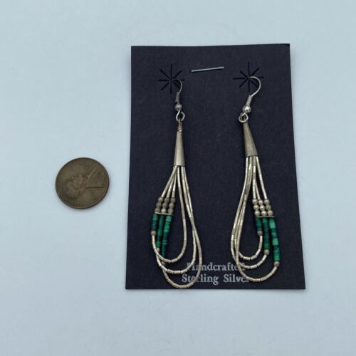 Vintage Native American SDR Sterling Silver Malachite Dangle Drop Liquid Beads - Image 2