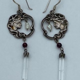 Vintage Sterling Art Nouveau Earrings Sterling Maiden Garnet Pearl Crystal