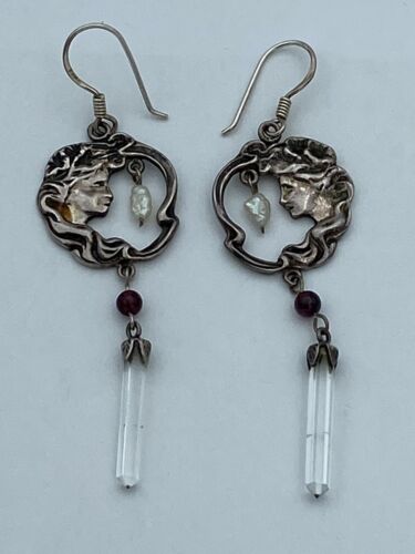 Vintage Sterling Art Nouveau Earrings Sterling Maiden Garnet Pearl Crystal