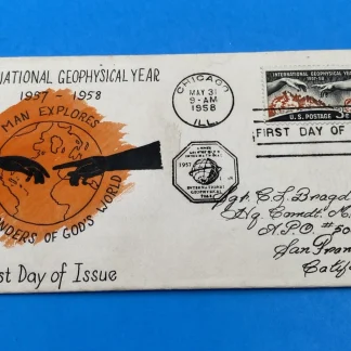 1958 IGY 3¢ FDC Chicago Dottie Bundy Signed Cachet Scott 1107