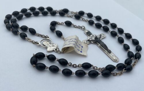 Vtg Black Acrylic Unbreakable Chain Cherub Crucifix Rosary Italy Christianity - Image 3
