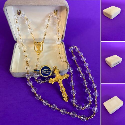 Vintage Faceted Crystal Rosary w/box, Pewter, Virgin Mary, Christianity, 22” - Image 2