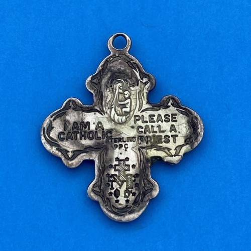 Vintage Catholic PPC Sterling Silver 4 Way Protection Cross Religious Medal - Image 3