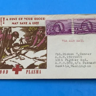 1945 WWII Blood Plasma Patriotic Cover Lemponen to APO 980 Adak 2x Scott 927