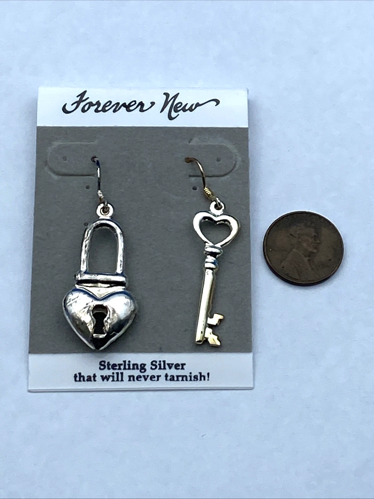 Vintage Forever New Heart Lock Key Earrings NOS Original Card Sterling Silver - Image 4