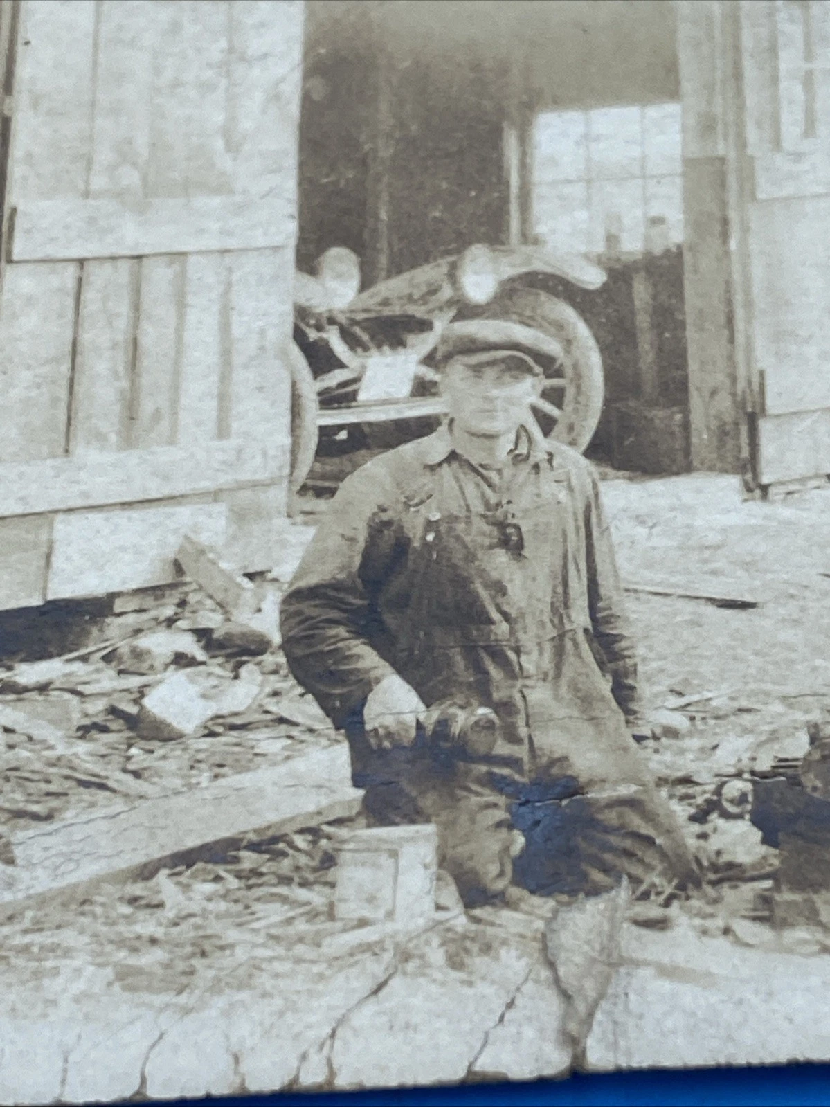 Rare c.1910 AZO RPPC Auto Mechanic Holding Piston Rural Garage Family Farm Scene - Image 2