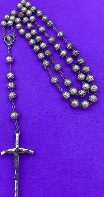 Vintage Textured Metallic Bead Rosary, Mary, Jesus, ITALY, Christianity, 19” - Image 3