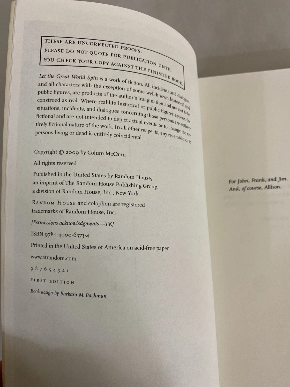 Let the Great World Spin Uncorrected Proof 2009 Random House 1st Ed ARC w Letter - Image 5