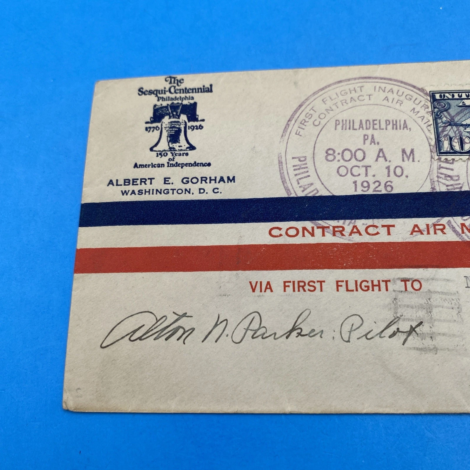 1926 CAM-15 First Flight Phila–Norfolk Gorham Cachet C7, Signed Alton N. Parker - Image 2