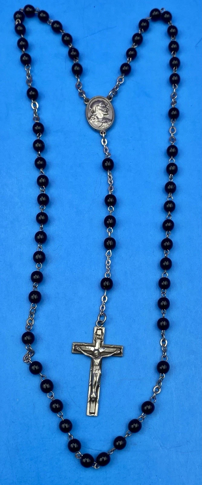 Vintage Beautiful Black Glass Petite Rosary, Jesus, Pewter, Christianity, 15” - Image 7