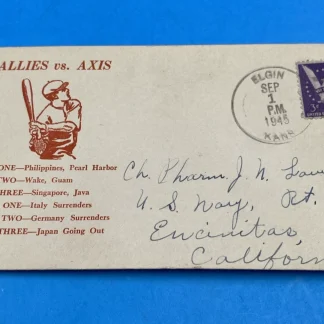 1945 Allies vs Axis Baseball Patriotic Cover, 3¢ Win the War, Elgin KS Sep 1 V-J