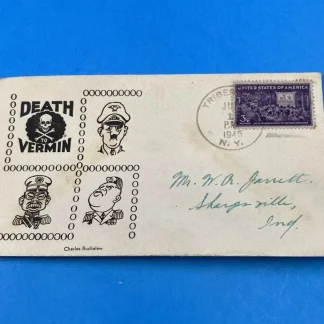 1945 Patriotic Cachet Cover Death to Axis Vermin Swastika Design Tribes Hill NY