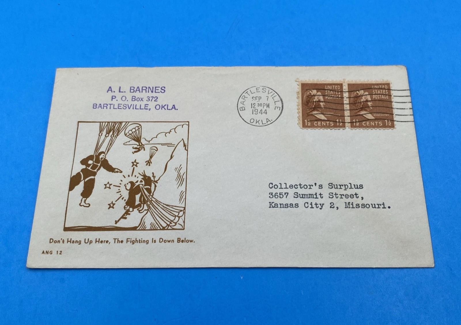 WWII Patriotic Cover ANG 12 Parachutists Bartlesville Oklahoma 1½¢ Prexie cachet
