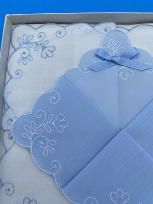 Vintage Christian Dior Handkerchief Set, Blue, White, floral embroidery, Wedding - Image 11