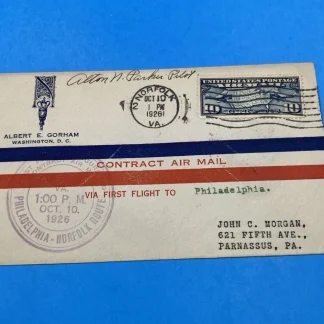 1926 CAM 15N3 First Flight Cover Norfolk–Phila Signed Alton Parker Gorham