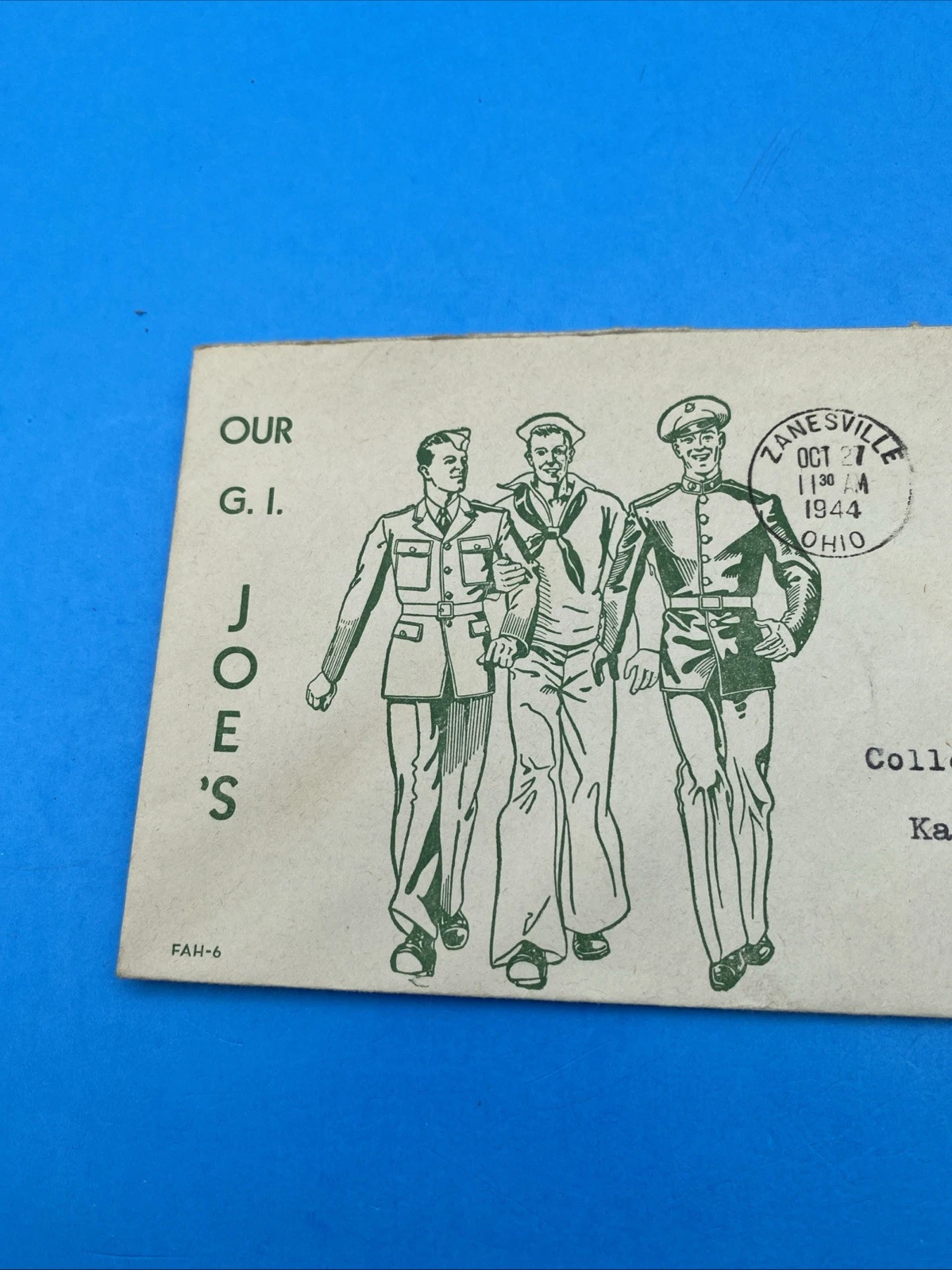 1944 Zanesville OH WW2 Patriotic Cover “Our G.I. Joe’s” FAH-6 Win the War 905 CV - Image 2