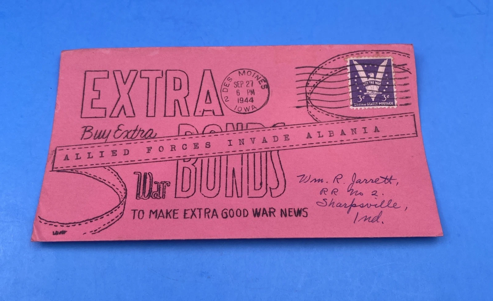 1944 WWII EXTRA War Bonds Cover—Allies Invade Albania, Scott 905, Des Moines