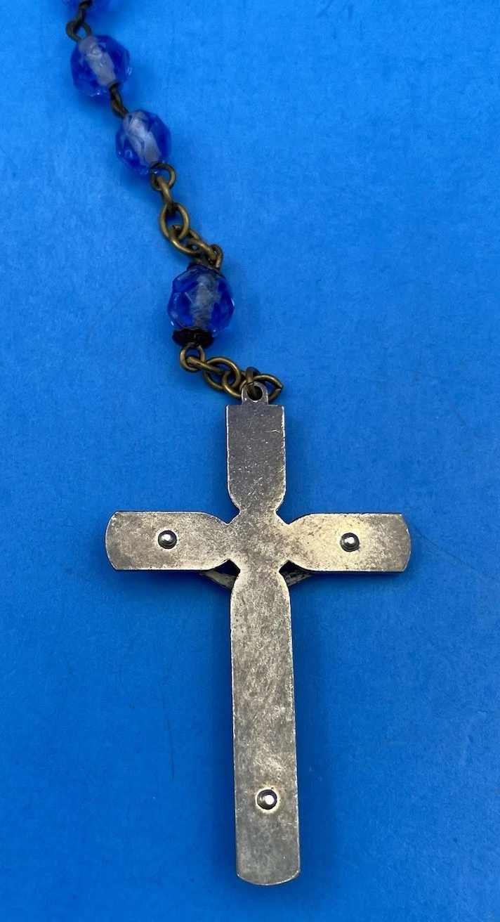 Vintage Beautiful Blue Givre Faceted Glass Rosary, Jesus, Christianity, 20.5” - Image 10