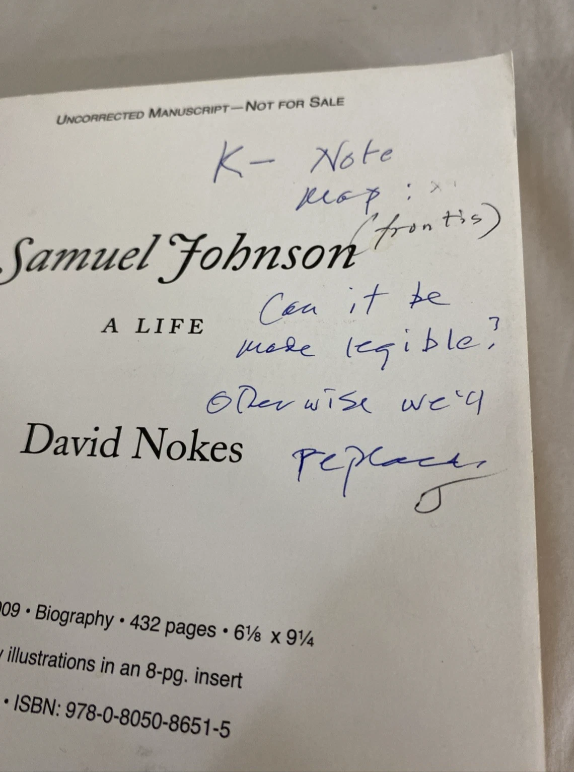 Samuel Johnson A Life David Nokes Uncorrected Proof ARC w Editorial Notes 2010 - Image 4